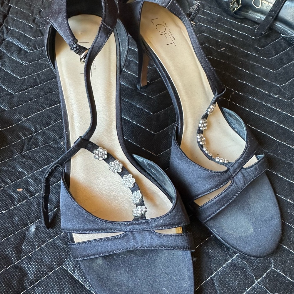 LOFT Black Strappy Heels with Rhinestone Detail Size 8